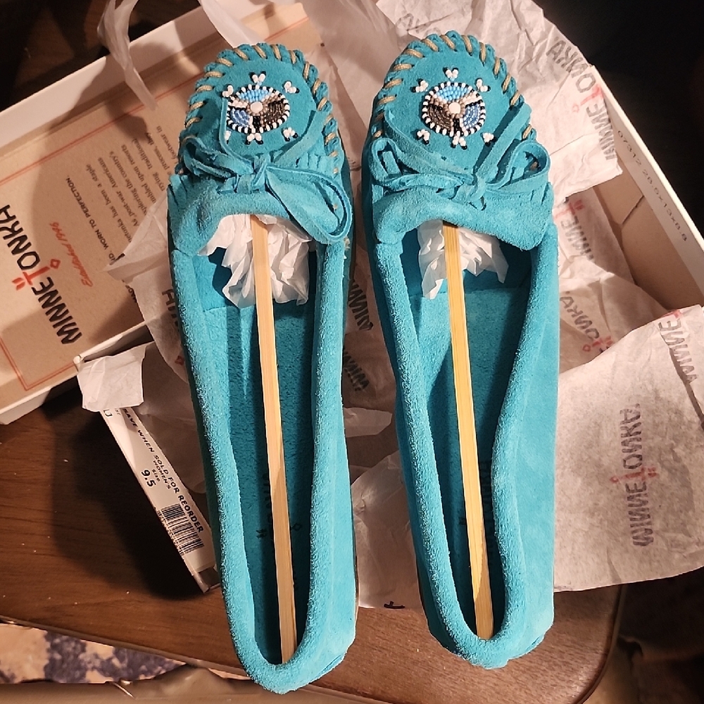 Minnetonka Turquoise Moccasins with Beaded Detail